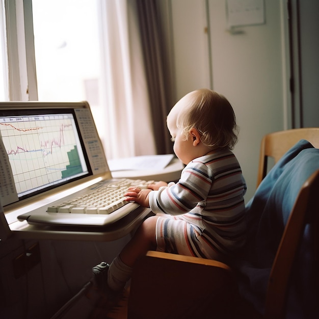 Małe dziecko siedzi przed otwartym laptopem i patrzy na kryptowaluty giełdowe