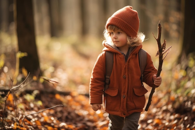 Małe dziecko spacerujące z kijem w lesie w słoneczny jesienny dzień