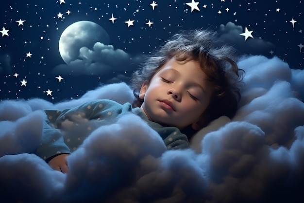 Małe dziecko śpi na chmurze pod księżycem i gwiazdami 1