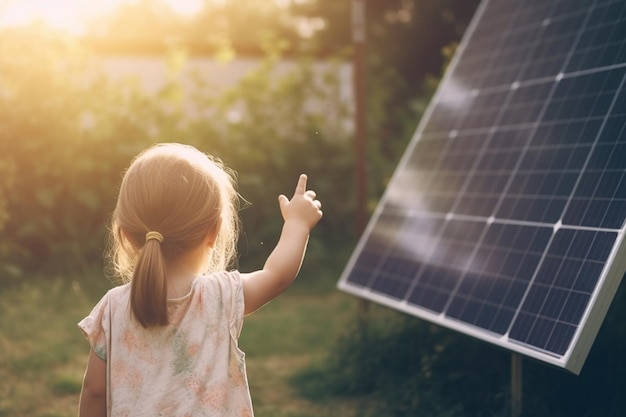 Małe dziecko stojące przy panelu słonecznym z zielonym tłem bokeh i promieniami słonecznymi