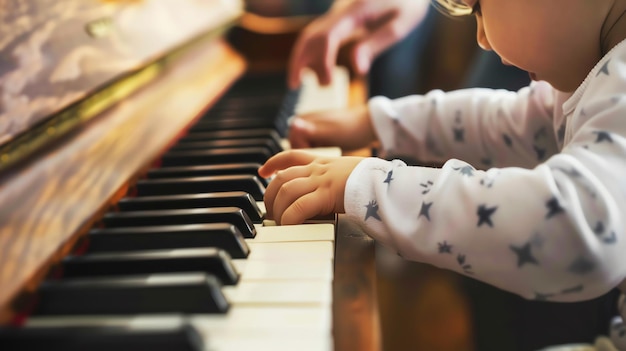 Małe dziecko uczy się grać na pianinie z nauczycielką
