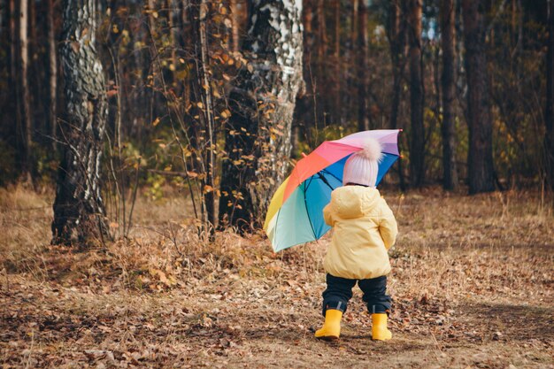 Małe Dziecko W Ciepłym Garniturze Z Kolorowym Parasolem Spaceruje Po Lesie. Park Jesień. Koncepcja Mody Dziecięcej, Akcesoriów, Spacerów Na świeżym Powietrzu