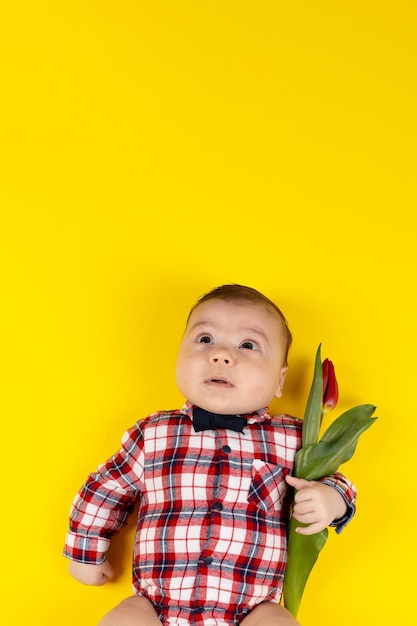 Małe dziecko w kraciastej czerwonej koszuli na żółtym tle z tulipanem w dłoniach Makieta do pocztówek reklamowych