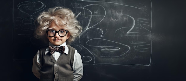 Zdjęcie małe dziecko w okularach z wąsami i peruką przypominające młodego profesora ma pomysł tło tablicy z miejscem na tekst academia young scientist