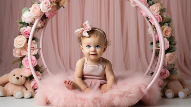Małe dziecko w różowej sukience siedzące na łóżku w ładnym obręczy z uszami