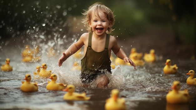 Zdjęcie małe dziecko w żółtych gumowych butach i kurtce biega w kałuży bawiąc się i bawiąc