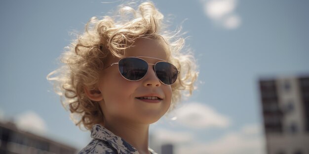 Małe dziecko z kręconymi włosami noszące okulary przeciwsłoneczne na zewnątrzxA
