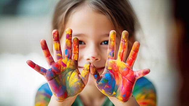 Małe dziecko z rękami w farbie podczas malowania Utworzono za pomocą technologii Generative AI