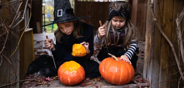 Małe dziewczynki robią jackolantern z dużych dyń na święto Halloween Kapelusz kostiumu czarownicy Płaszcz Wytnij nożemWyjmij miąższ z nasionami Zajęcia na świeżym powietrzu Podwórko dla dzieci