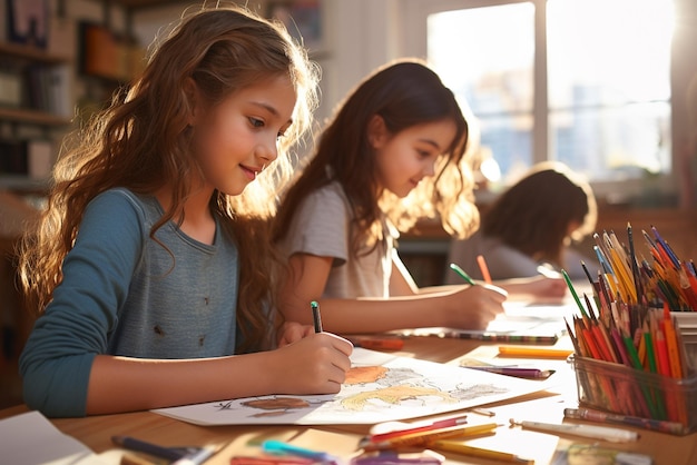 Zdjęcie małe dziewczynki rysują ołówkami przy stole w klasie podczas przerwy