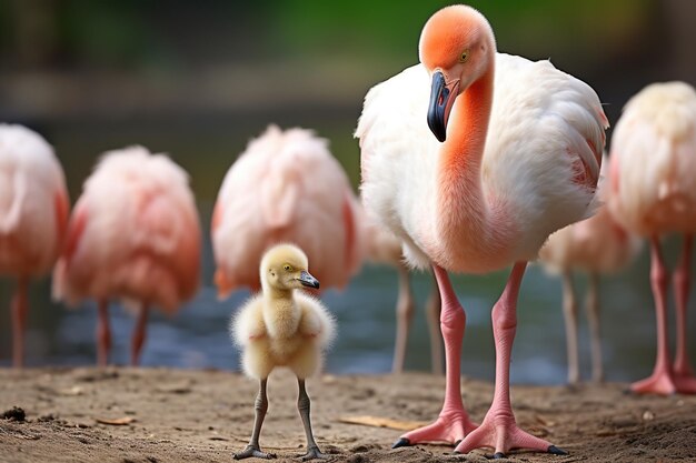 Małe Flamingo Stoi Niezręcznie Pośród Dorosłych