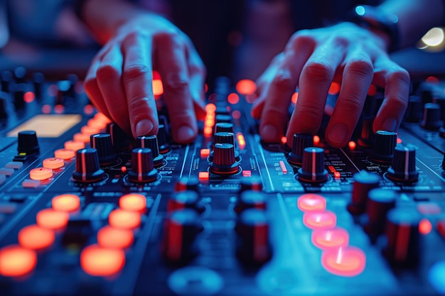 male hands of DJ man mixes music on a DJ console mixer board at nightclub in night party closeup