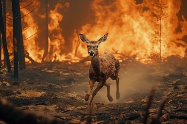 małe jelenie uciekające przed pożarem lasu