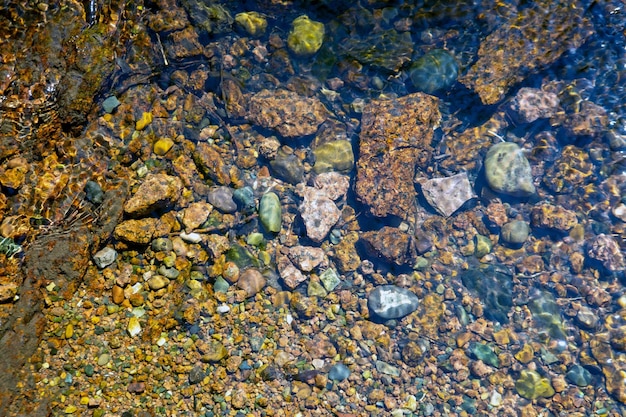 Małe kamienie na dnie rzeki pod warstwą czystej wody Tło z kamieni Tekstura wody i kamieni