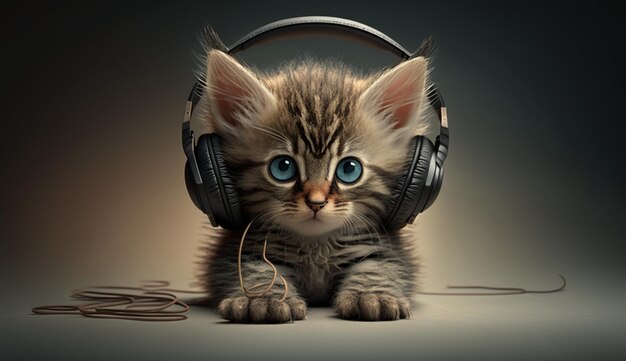 Małe kociaki w słuchawkach selektywnie skupionych zwierzętach Generatywna sztuczna inteligencja
