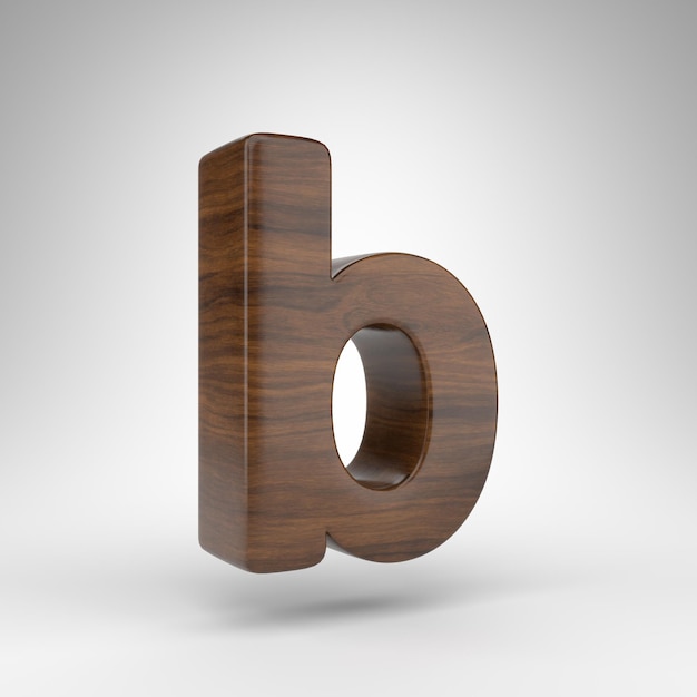 Małe litery B na białym tle. Ciemny dąb renderowana czcionka 3D z brązową teksturą drewna.