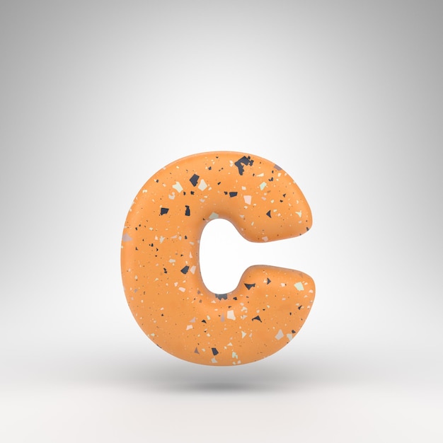 Małe litery C na białym tle. 3D renderowana czcionka z teksturą pomarańczowego lastryko.