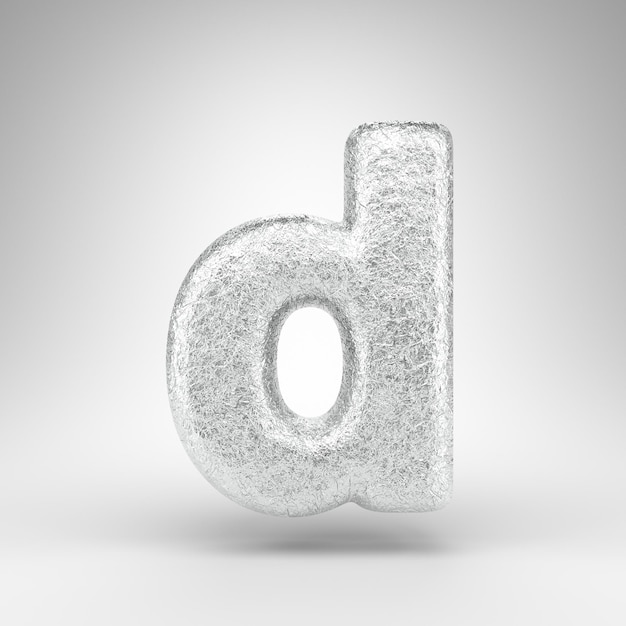 Zdjęcie małe litery d na białym tle. pofałdowana czcionka z folii aluminiowej 3d renderowana z błyszczącą metalową teksturą.
