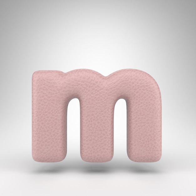 Małe litery M na białym tle. Różowa skóra 3D renderowana czcionka z teksturą skóry.