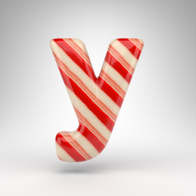 Małe litery Y na białym tle. Candy cane 3D renderowana czcionka z czerwonymi i białymi liniami.