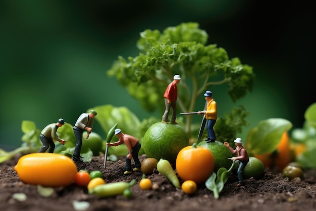 Małe ludzie robią jedzenie, zbierają owoce i warzywa.