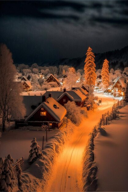 Małe miasteczko pokryte śniegiem w nocy generatywne ai
