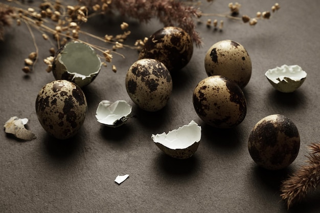 Małe nakrapiane jajka i kawałki skorupek rozrzucone na koncepcji wielkanocnej ciemnej powierzchni stołu
