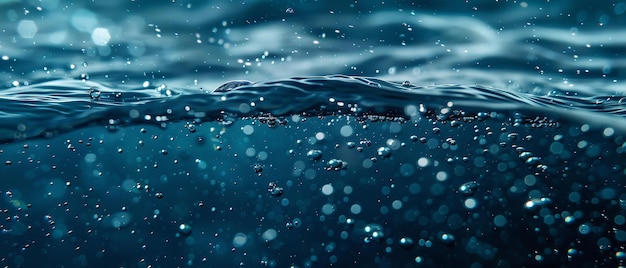 Zdjęcie małe pęcherzyki i błyszczące szczątki z rozpryskiwania wody pokrywają powierzchnię niebieskiej powierzchni wody piękne tło snap i przestrzeń generatywna sztuczna inteligencja