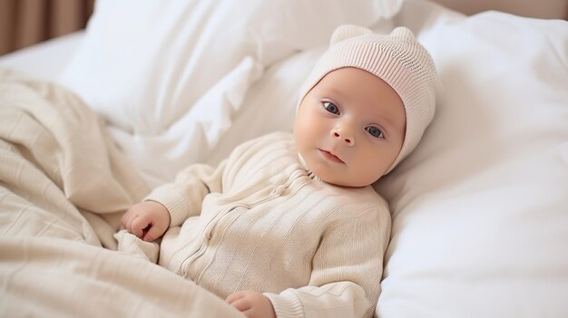 Małe piękne dziecko w beżowych ubraniach na łóżku
