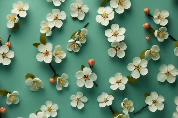 Małe, piękne kwiaty na zielonym, pastelowym tle z kopią przestrzeni