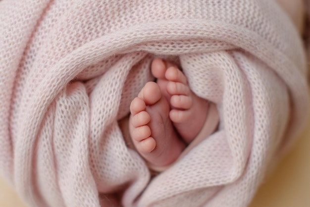 Małe piękne nóżki noworodka w pierwszych dniach życia Małe nóżki noworodka
