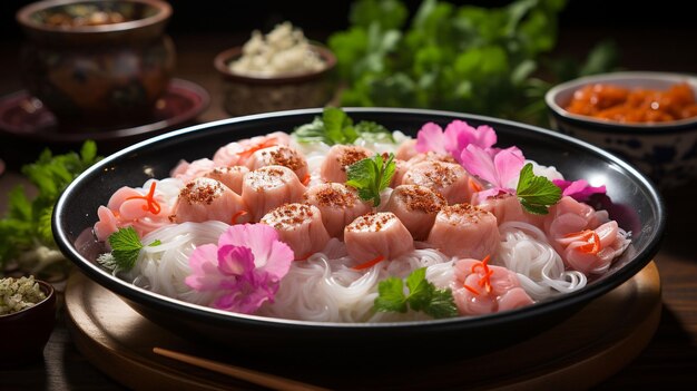 Małe płaskie makarony ryżowe z kulkami rybnymi i kulkami krewetek w różowej zupie yen ta cztery lub yen ta fo jako