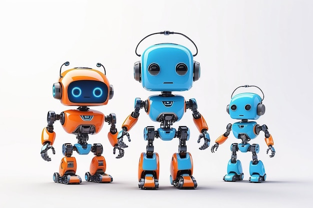Małe roboty z ludzką twarzą i ludzkim ciałem sztuczna inteligencja AI pomarańczowe i niebieskie roboty izolowane na białym tle
