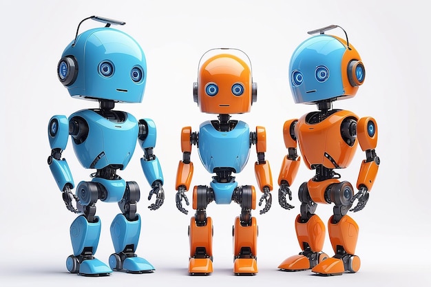 Małe roboty z ludzką twarzą i ludzkim ciałem sztuczna inteligencja AI pomarańczowe i niebieskie roboty izolowane na białym tle