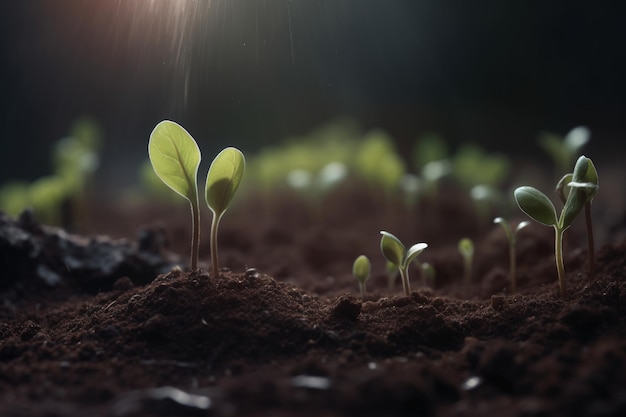 Małe rośliny rosnące w tle bokeh gleby Generative AI