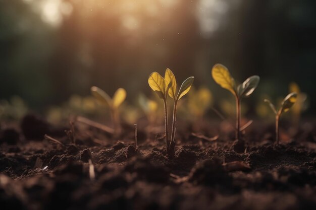 Małe rośliny rosnące w tle bokeh gleby Generative AI