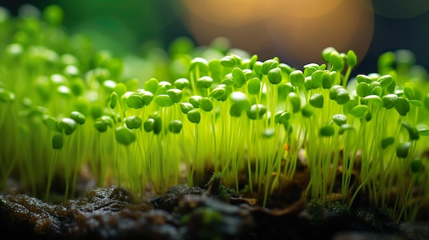 Małe rośliny wyrastają z ziemi za pomocą światła słonecznego Generacyjna sztuczna inteligencja