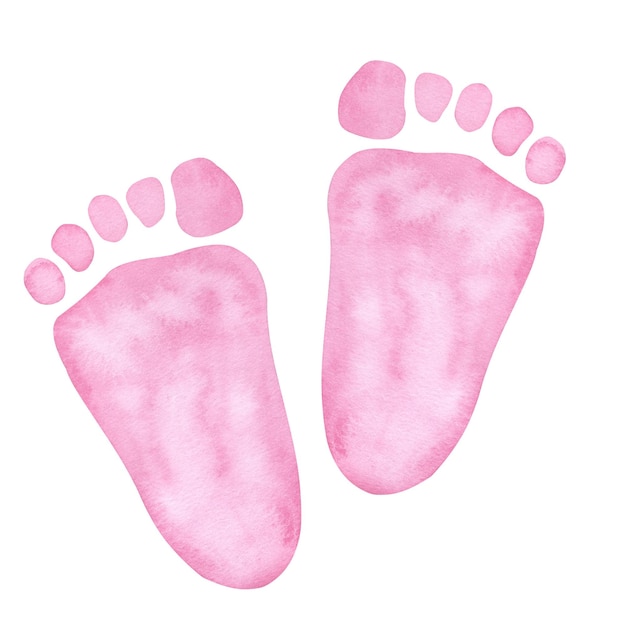 Małe różowe ślady stóp Baby shower płeć ujawnia zaproszenie do imprezy projekt chłopca lub dziewczyny Ręcznie narysowana ilustracja akwarelowa izolowane tło dla rodzinnej imprezy niespodzianki