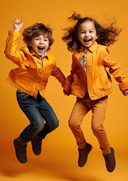Małe, szczęśliwe dzieci skaczące w powietrze na jasnym, kolorowym tle