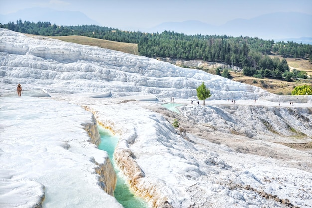 Małe szmaragdowe jeziora trawertynowe Białej Góry i turyści Pamukkale Turkiye