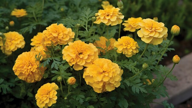 Małe towarzysze słonecznych, cytrynowych, klejnotnych marigoldów w żywych kwiatach