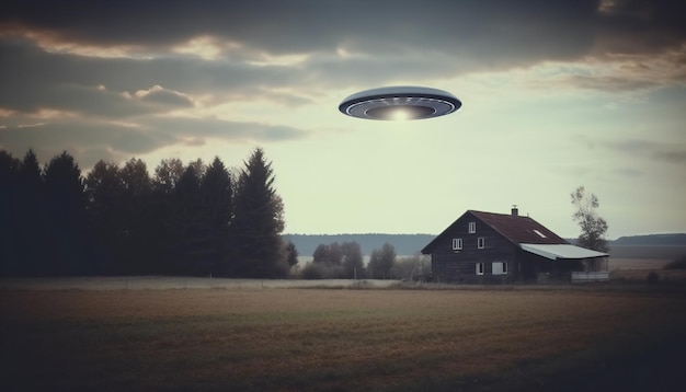Małe UFO latające na niebie nad starym domem i stodołą
