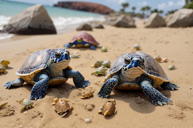 Małe żółwie wykluwają się na wybrzeżu