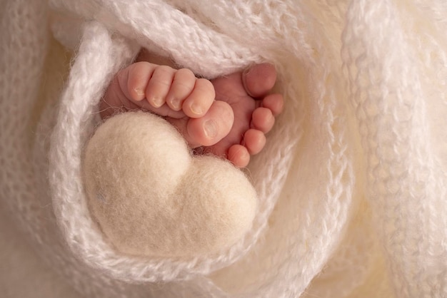 Maleńka stopa noworodka. Miękkie stopy noworodka w kocu z białej wełny. Zbliżenie na palce, pięty i stopy noworodka. Dziane białe serduszko w nogach dziecka. Studio fotografii makro.
