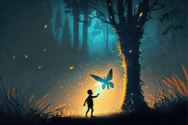Maleńki człowiek kierujący dużym świetlikiem w lesie w nocy Koncepcja fantasy Malowanie ilustracji Generatywna sztuczna inteligencja
