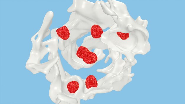 Malinki spada w mlecznego pluśnięcie, 3d rendering.