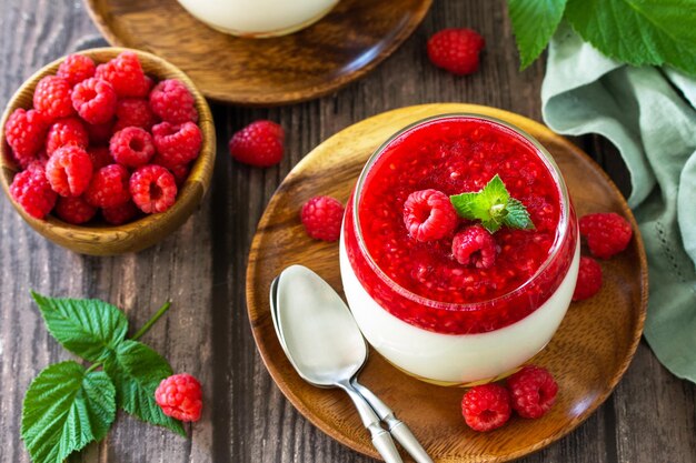 Malinowa Panna cotta z galaretką malinową Deser włoski domowej kuchni