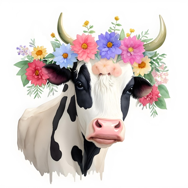 Zdjęcie malowana krowa w wieniec kwiatów ilustracja letnia rolnictwo ai generowane