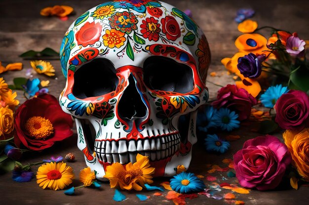 Malowana ludzka czaszka na meksykański Dzień Zmarłych El Dia de Muertos