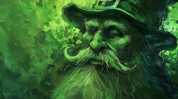 Malowana w farbie akwarelowej ilustracja starszego mężczyzny z długą brodą, zielonym kapeluszem i zieloną koniczyną na tle Zielony kolorowy symbol Dnia św. Patryka